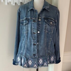 Chico's Size 3 XL Women's Blue Denim Jean Jacket with Aztec Hem